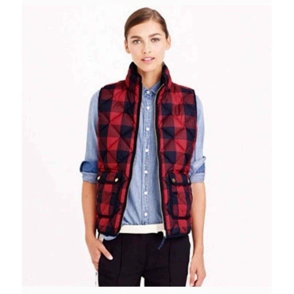 J.Crew Excursion Puffer Vest S Red Navy Buffalo Plaid Check Down Quilted Gold